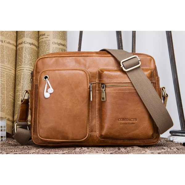 CONTACT'S New Vintage Men's Bag Genuine Leather Men Shoulder Crossbody Bag With Zipper Pocket For Men Messenger Bags Versatile