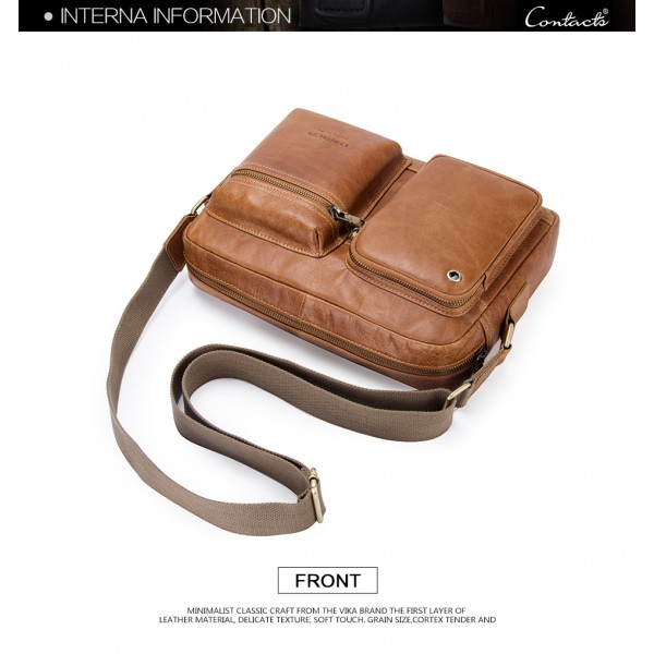 CONTACT'S New Vintage Men's Bag Genuine Leather Men Shoulder Crossbody Bag With Zipper Pocket For Men Messenger Bags Versatile