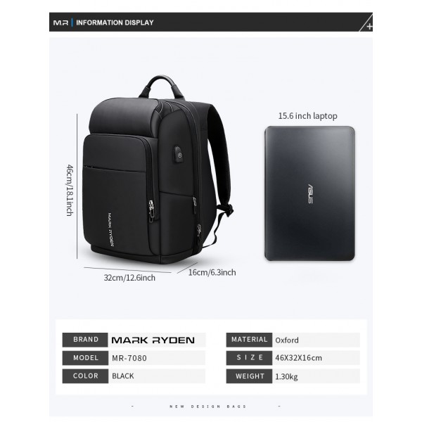 Mark Ryden 15 inch Laptop Backpack For Man Waterproof Functional Bag With USB Port Travel Male Backpack