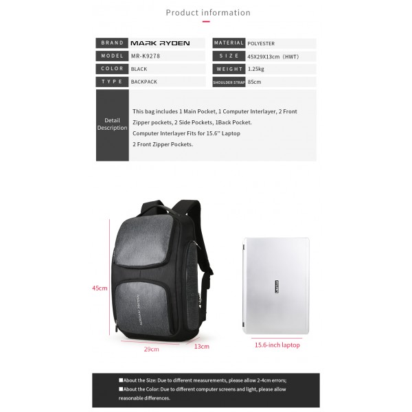 New Solar USB Recharging Backpack Water Resistant Backpack Laptop Backpack Men fit for 15.6 Inch Laptop
