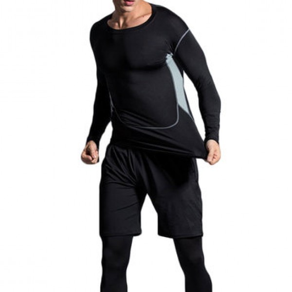 Three-piece Elastic Fitness Suits Men Long-sleeved Running Training Breathable Sportswear Pants