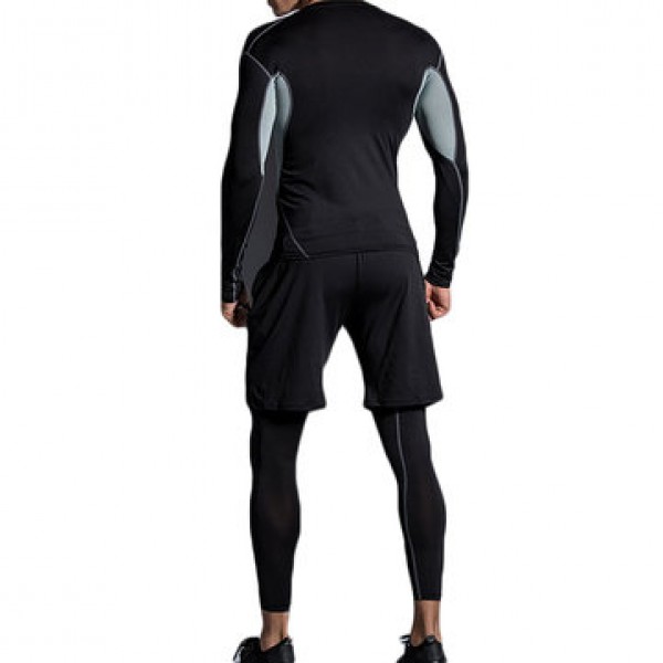 Three-piece Elastic Fitness Suits Men Long-sleeved Running Training Breathable Sportswear Pants