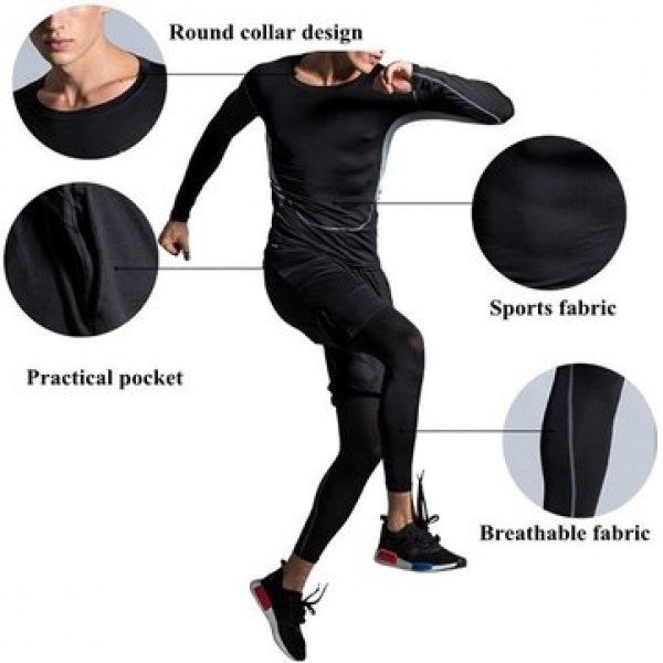 Three-piece Elastic Fitness Suits Men Long-sleeved Running Training Breathable Sportswear Pants
