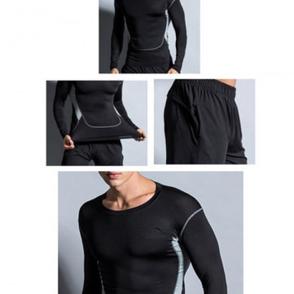 Three-piece Elastic Fitness Suits Men Long-sleeved Running Training Breathable Sportswear Pants