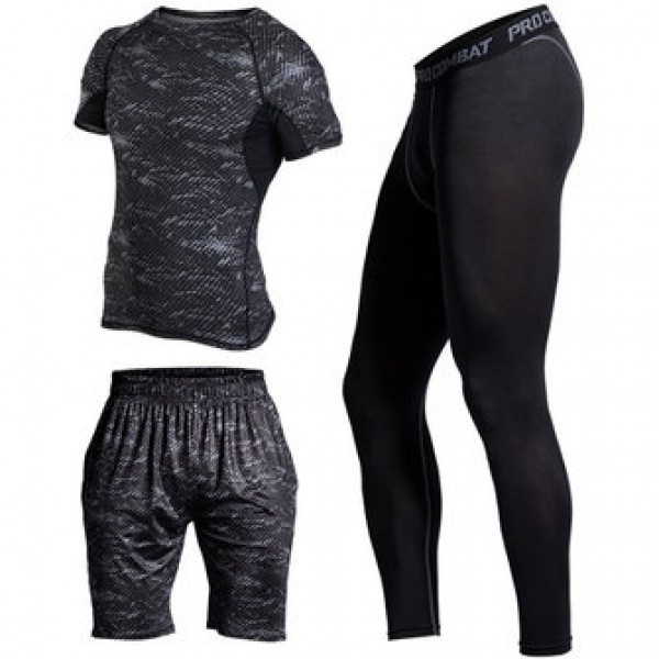 Three-piece Printing Thin Short-sleeved T-shirt Men Running Training Sweat Breathable Sports Suits