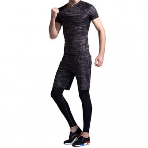 Three-piece Printing Thin Short-sleeved T-shirt Men Running Training Sweat Breathable Sports Suits