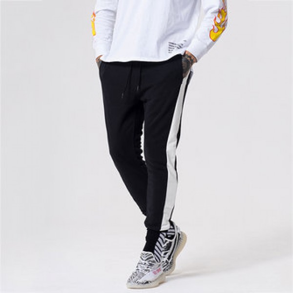 Men Cotton Fashion Striped Feet Pants Casual Elastic Waist Sports Pants