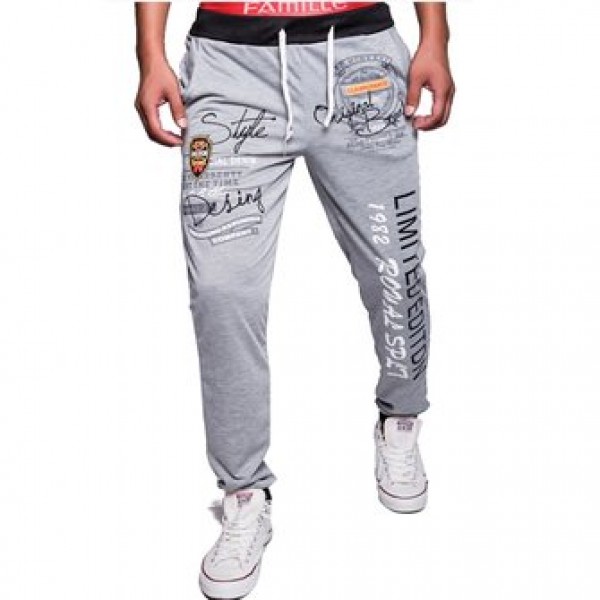 Men Fall Cotton Polyester Letter Printed Basketball Sports Jogger Pants Drawstring Elastic Waist Trousers
