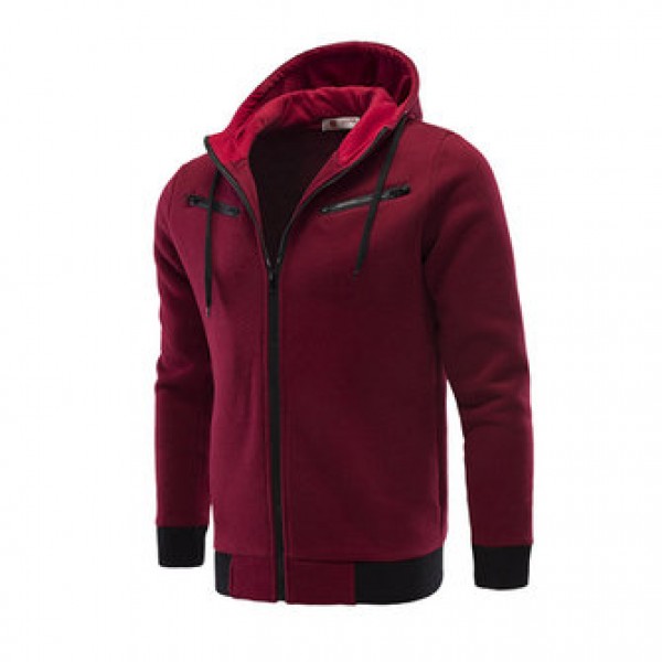Men Casual Warm Fleece Sportswears Contrast Color Zipper Stand Collar Hoodies Sweatshirts