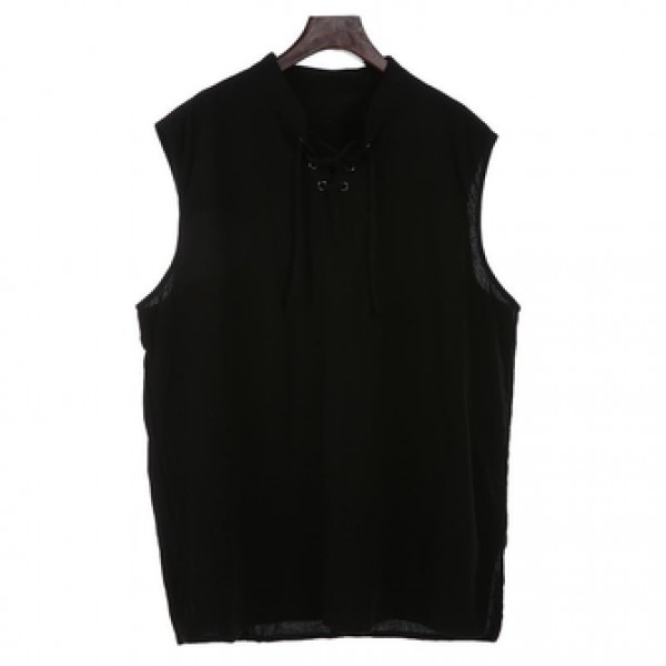 Fashion Solid Color Sleeveless Stand Collar Strap Open Men Vest Sports Breathable Comfort Tops