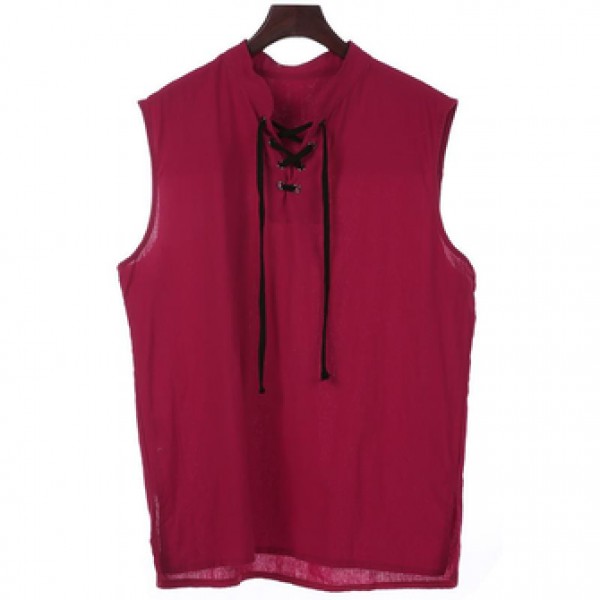 Fashion Solid Color Sleeveless Stand Collar Strap Open Men Vest Sports Breathable Comfort Tops