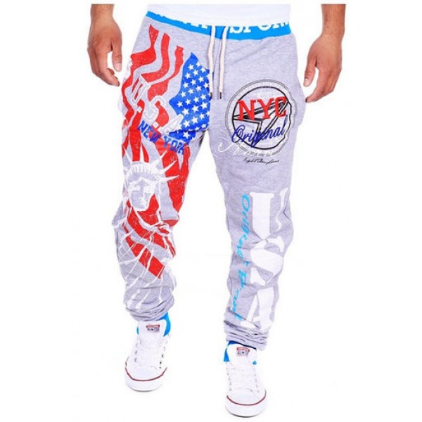Men Lace-Up Fashion Sports Jogger Pants Statue of Liberty American Flag Printing Hip-hop Sweatpants