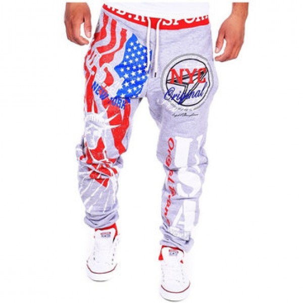 Men Lace-Up Fashion Sports Jogger Pants Statue of Liberty American Flag Printing Hip-hop Sweatpants