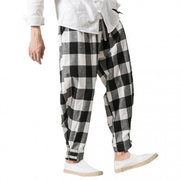 Men Casual Harem Plaid Loose Pants Button Adjustable Ankle Long Joggers Trousers