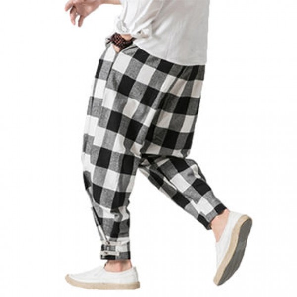 Men Casual Harem Plaid Loose Pants Button Adjustable Ankle Long Joggers Trousers