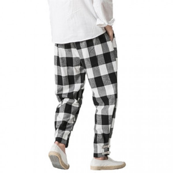 Men Casual Harem Plaid Loose Pants Button Adjustable Ankle Long Joggers Trousers