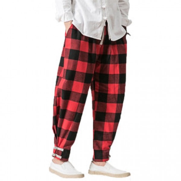 Men Casual Harem Plaid Loose Pants Button Adjustab...