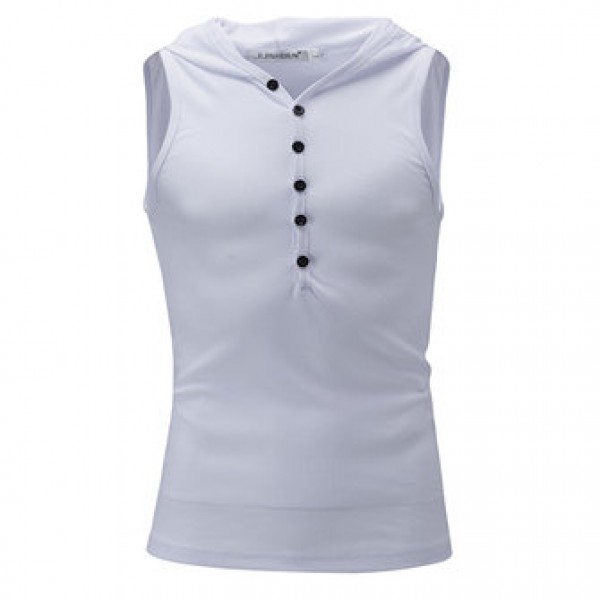 Fashion Hooded Slim Sleeveless Vest Men Solid Color Casual Button Design Tops Tees