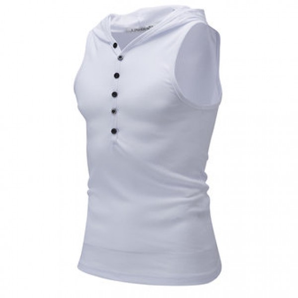 Fashion Hooded Slim Sleeveless Vest Men Solid Color Casual Button Design Tops Tees