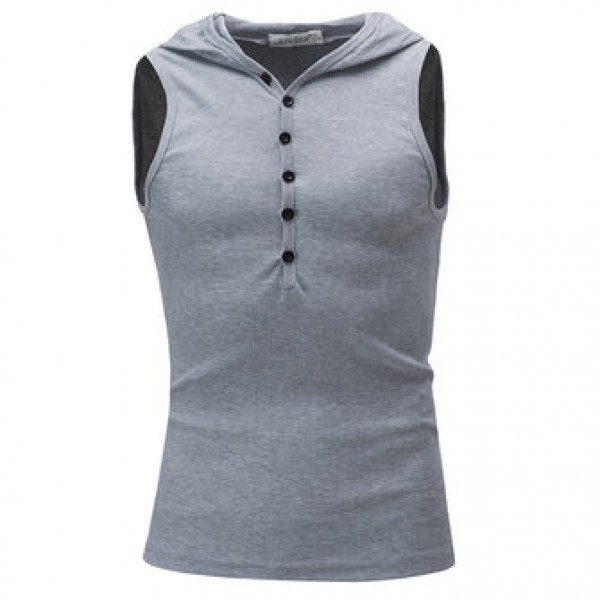 Fashion Hooded Slim Sleeveless Vest Men Solid Color Casual Button Design Tops Tees