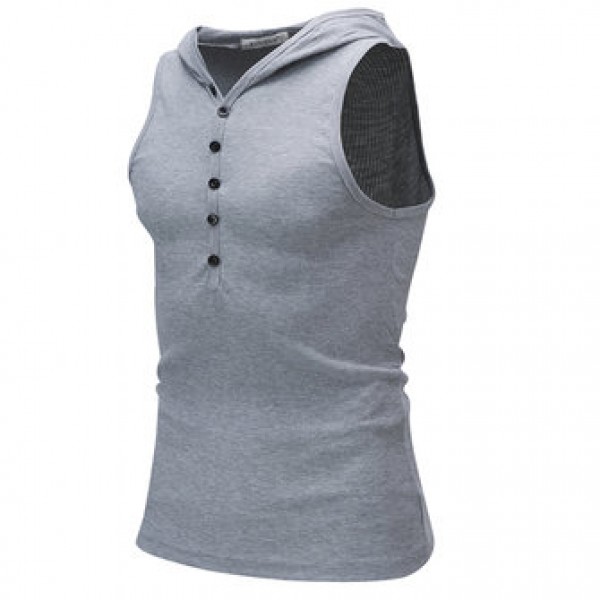 Fashion Hooded Slim Sleeveless Vest Men Solid Color Casual Button Design Tops Tees