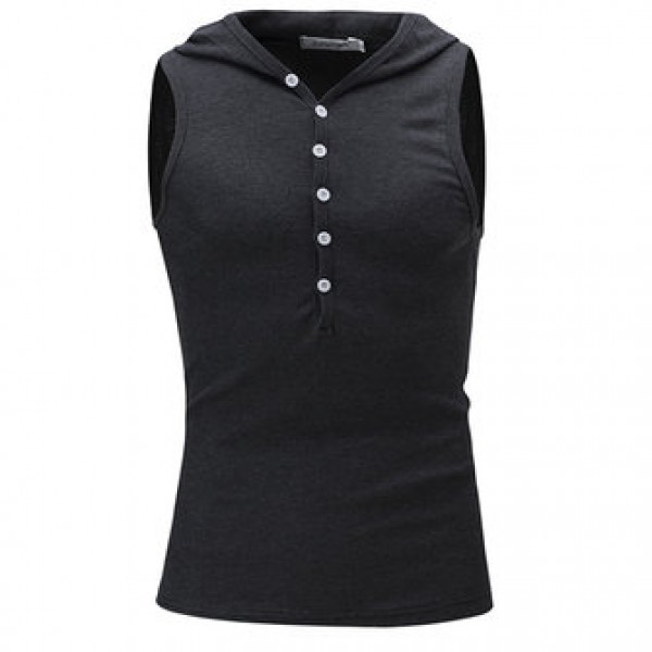 Fashion Hooded Slim Sleeveless Vest Men Solid Color Casual Button Design Tops Tees