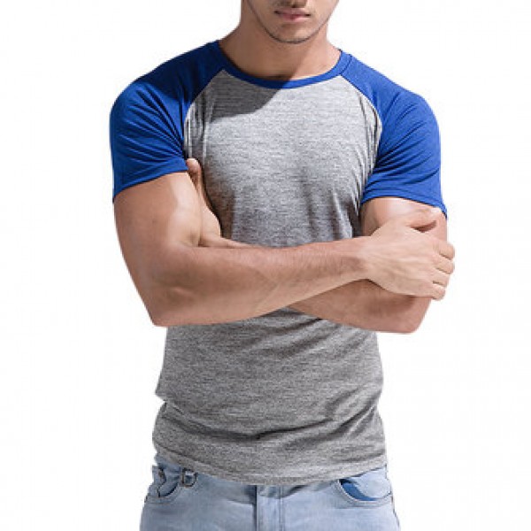 Leisure Patchwork Color Slim Fit Sport T-shirt Men Outdoor Brief Style Round Neck Short Sleeve Top
