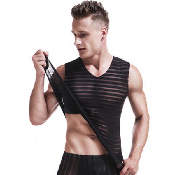 Sexy Men Semitransparent Vest Thin Silk Seamless O-Neck Undershirt Tight Sleeveless Tops
