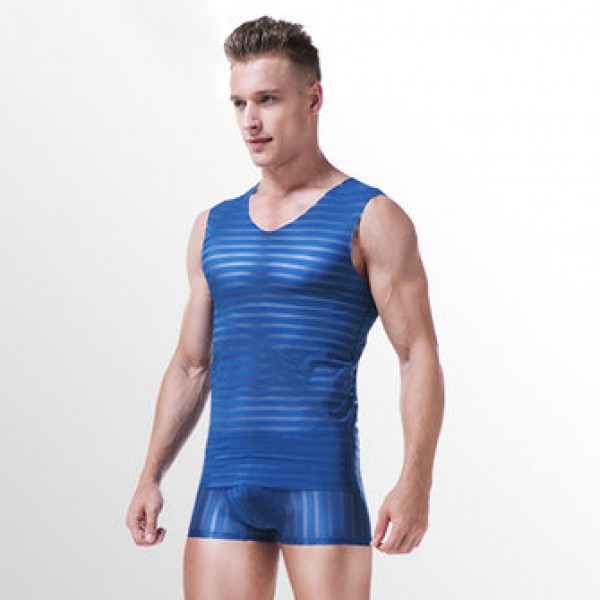 Sexy Men Semitransparent Vest Thin Silk Seamless O-Neck Undershirt Tight Sleeveless Tops