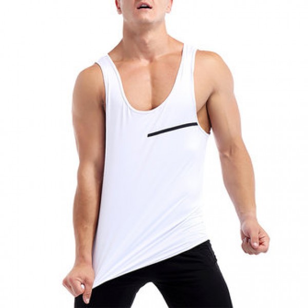 White Quick Drying Line Printed Tight Fitness Sleeveless T-shirt Men Running Training Sport Vest