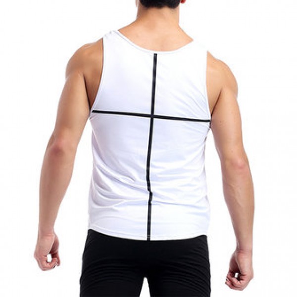 White Quick Drying Line Printed Tight Fitness Sleeveless T-shirt Men Running Training Sport Vest
