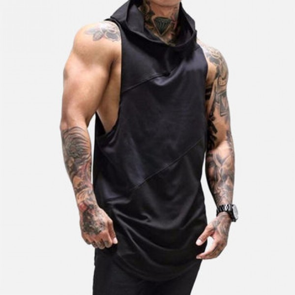 Men Cotton Sleeveless Mesh Breathable Hooded Gym Tops