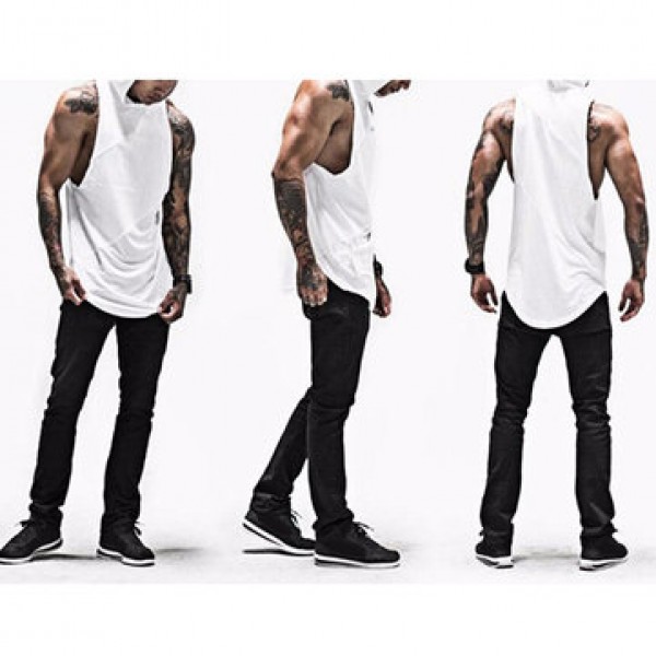Men Cotton Sleeveless Mesh Breathable Hooded Gym Tops