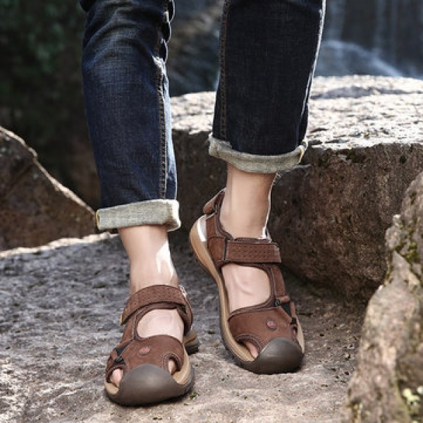 TK-50 Summer Men Genuine Leather Cowhide Beach Shoes Casual Suede Leather Sandals Slippers