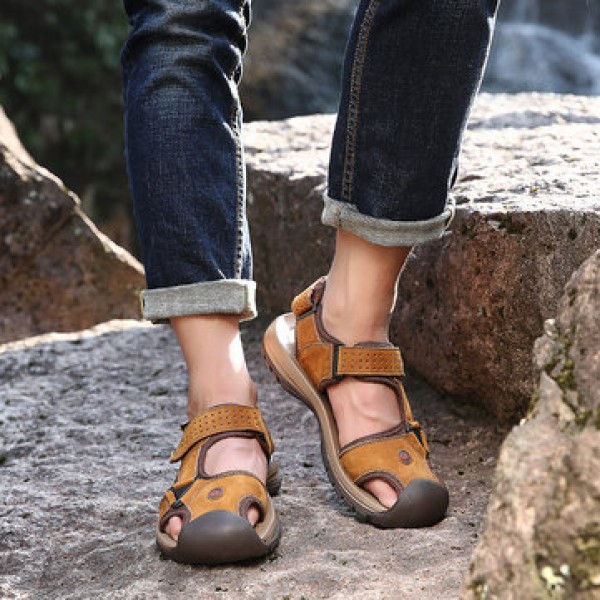 TK-50 Summer Men Genuine Leather Cowhide Beach Shoes Casual Suede Leather Sandals Slippers