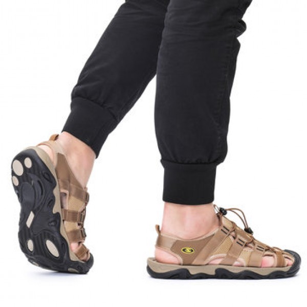 Gracosy Men Sandals Leather Breathable Non-Slip Quick Drying Fish Sandals Clip Toe Sandals