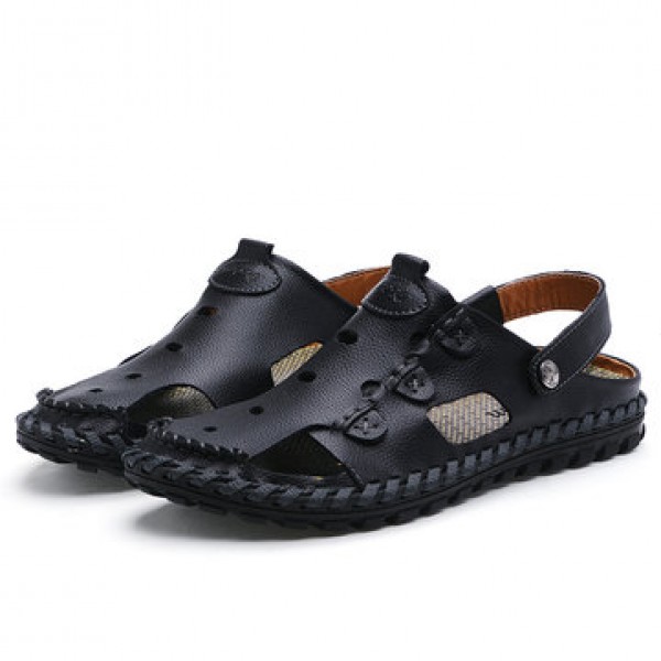 Men Outdoor  Daily Casual Sandals Wrapped Toe Leather Hand-sewn 3-fold Reinforced Suture Shoes