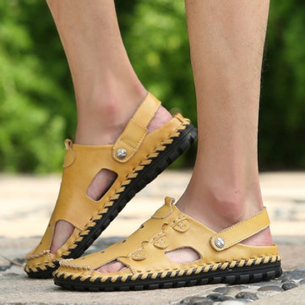 Men Outdoor  Daily Casual Sandals Wrapped Toe Leather Hand-sewn 3-fold Reinforced Suture Shoes