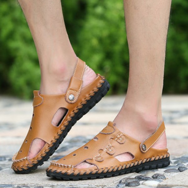 Men Outdoor  Daily Casual Sandals Wrapped Toe Leather Hand-sewn 3-fold Reinforced Suture Shoes