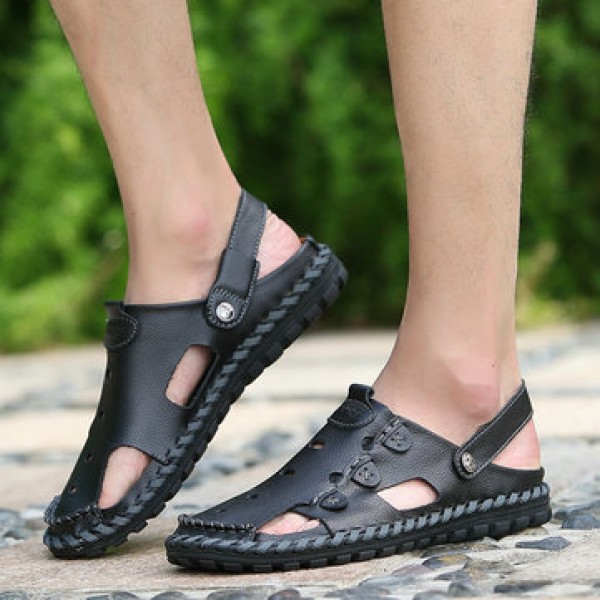 Men Outdoor  Daily Casual Sandals Wrapped Toe Leather Hand-sewn 3-fold Reinforced Suture Shoes