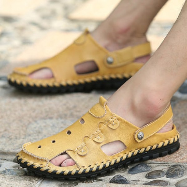 Men Outdoor  Daily Casual Sandals Wrapped Toe Leather Hand-sewn 3-fold Reinforced Suture Shoes