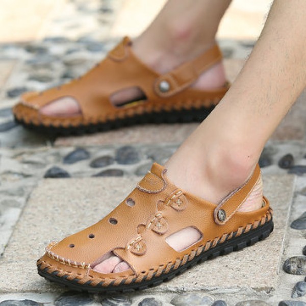 Men Outdoor  Daily Casual Sandals Wrapped Toe Leather Hand-sewn 3-fold Reinforced Suture Shoes