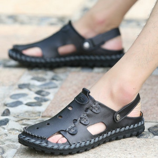 Men Outdoor  Daily Casual Sandals Wrapped Toe Leather Hand-sewn 3-fold Reinforced Suture Shoes