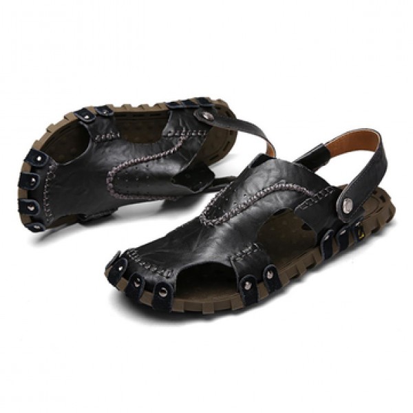 Men Sandals Genuine Leather Soft Sole Casual Toe Breathable Cooler Shoes Summer Beach Cowhide