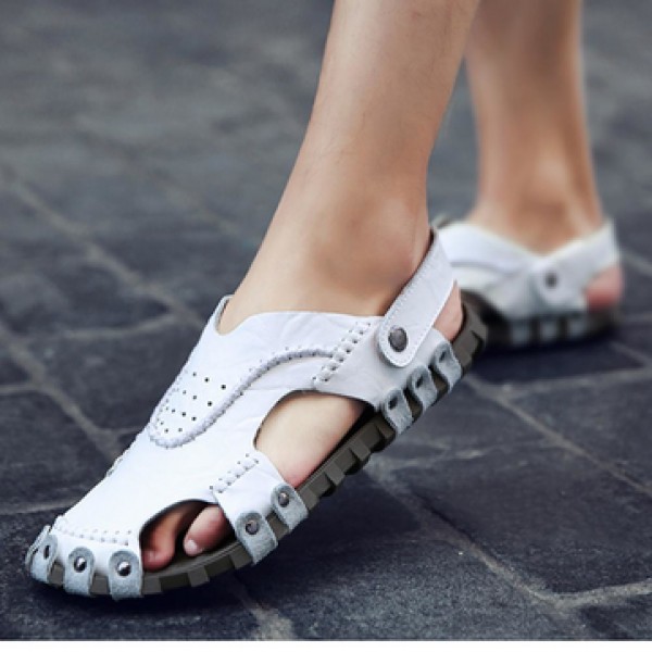 Men Sandals Genuine Leather Soft Sole Casual Toe Breathable Cooler Shoes Summer Beach Cowhide