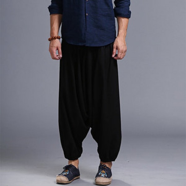 Men Yoga Loose Drop Crotch Pants Male Casual Harem Pants Elastic Cotton Linen Bloomers Trousers