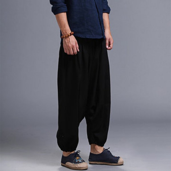 Men Yoga Loose Drop Crotch Pants Male Casual Harem Pants Elastic Cotton Linen Bloomers Trousers