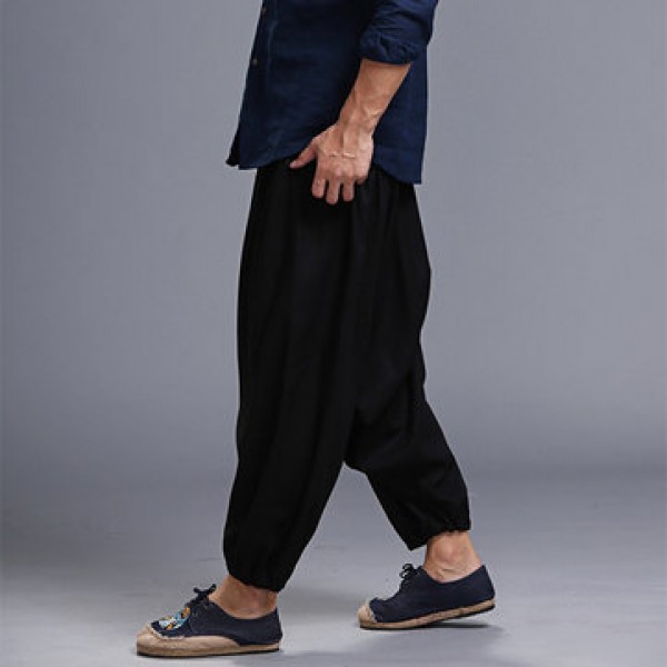 Men Yoga Loose Drop Crotch Pants Male Casual Harem Pants Elastic Cotton Linen Bloomers Trousers