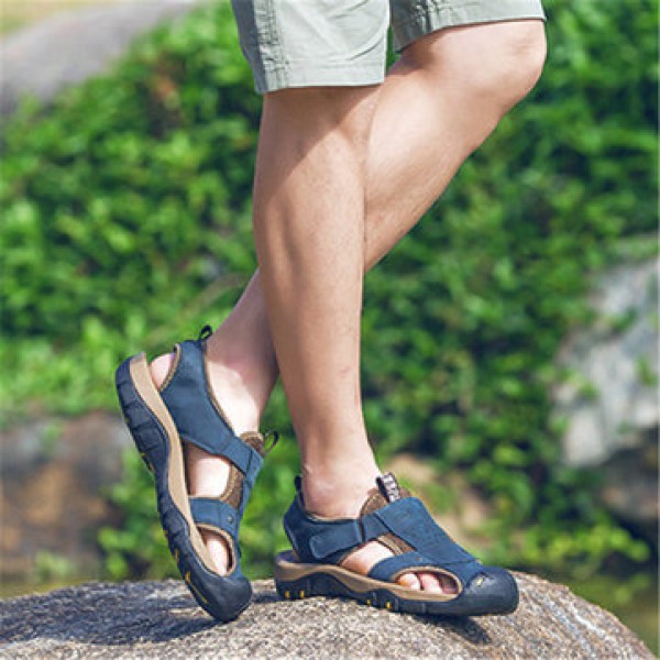 Men Genuine Leather Roman Sandals Soft Sole Cut-out Moccasins Outdoor Beach Sneakers Casual