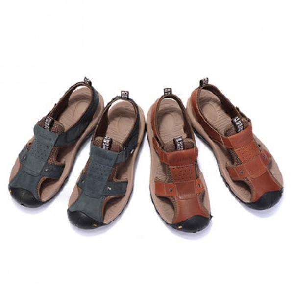 Men Genuine Leather Roman Sandals Soft Sole Cut-out Moccasins Outdoor Beach Sneakers Casual